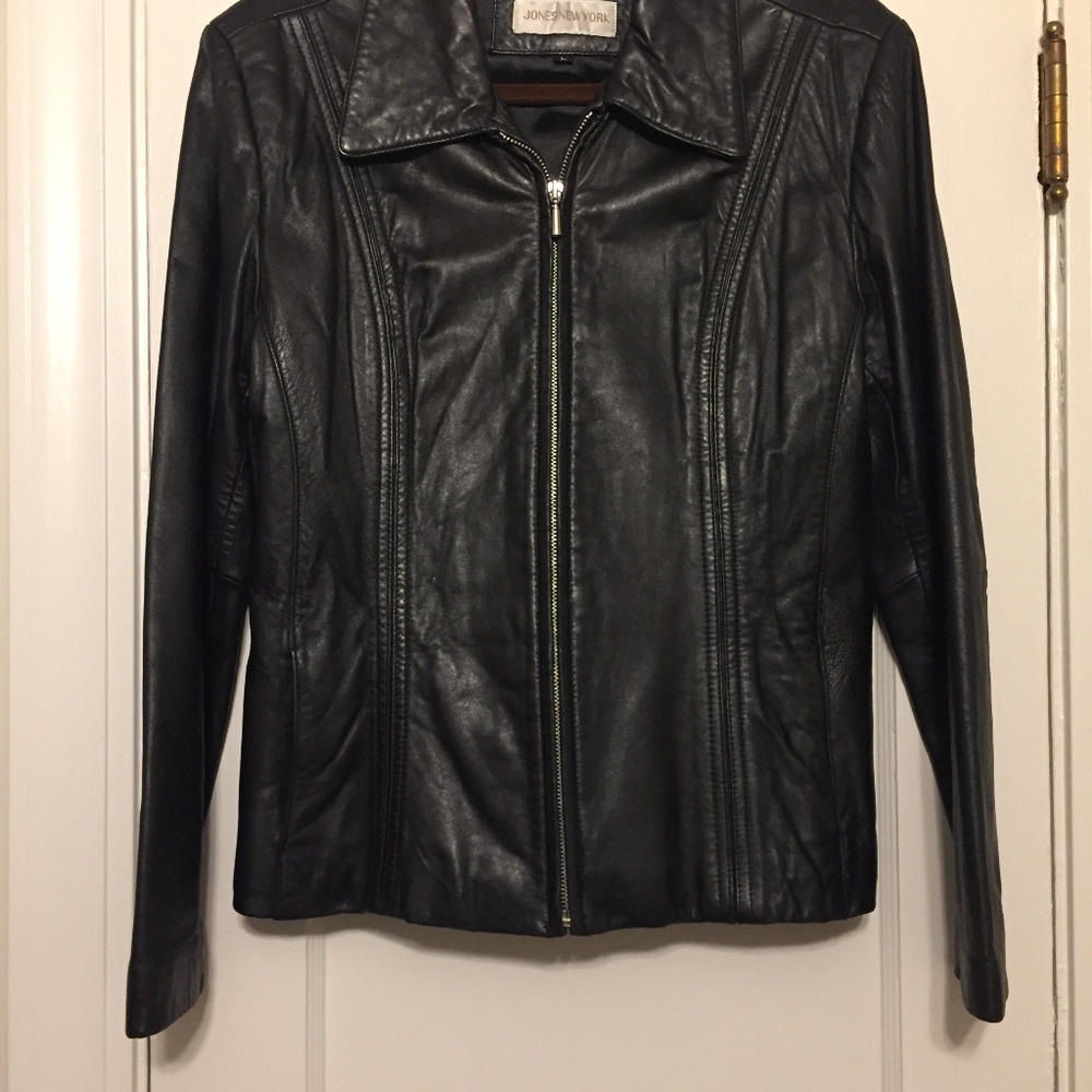 Jones New York Black Leather Jacket, Size Large